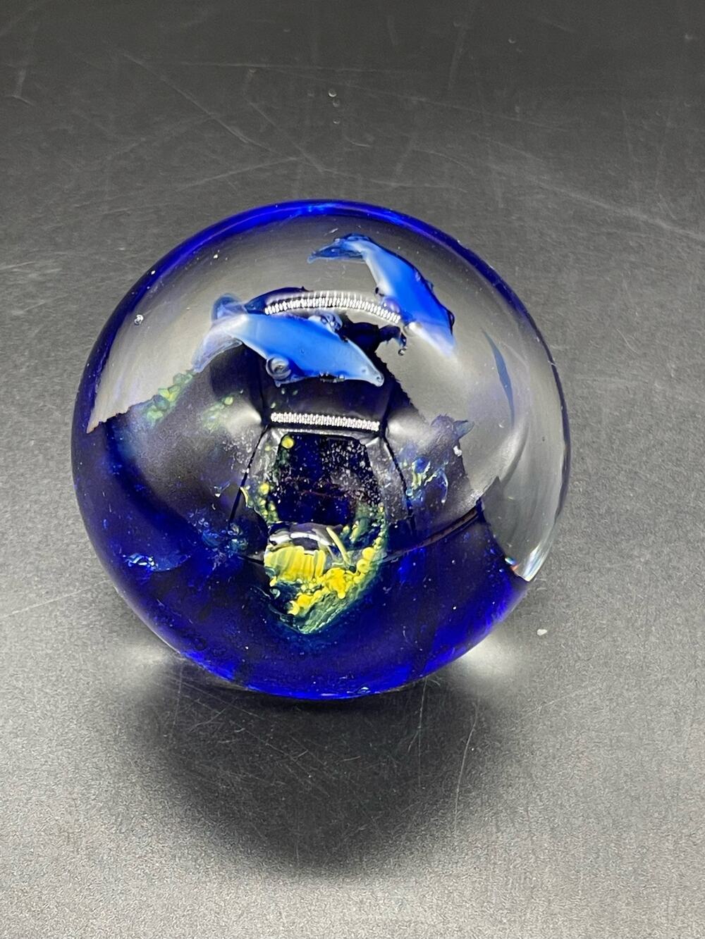 Art Glass Dolphins Deep Blue Tropical Underwater Ocean Paperweight 2.5"